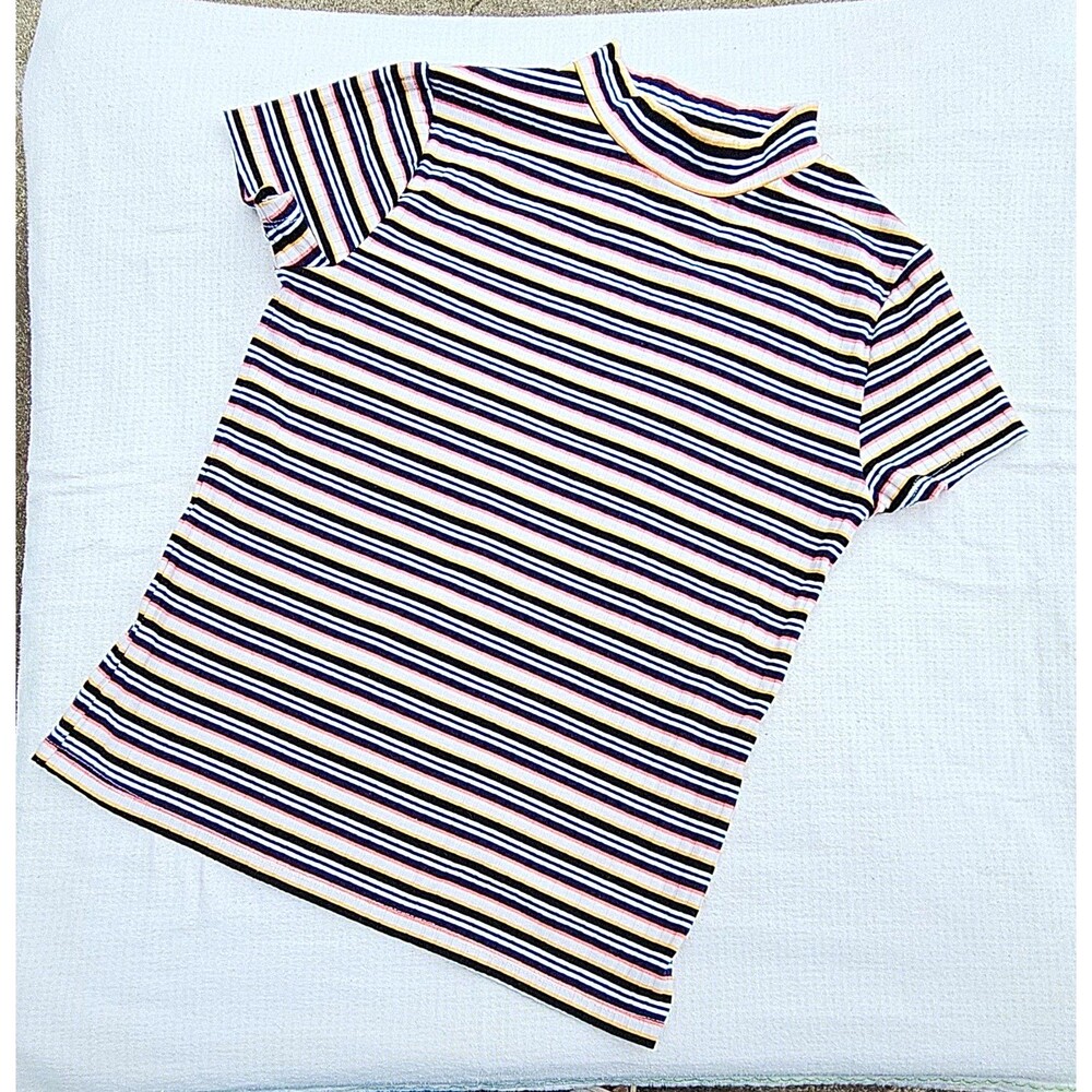 dip Striped Multicolor Mock Neck Ribbed Knit Stretch Tee Short Sleeve Juniors L
